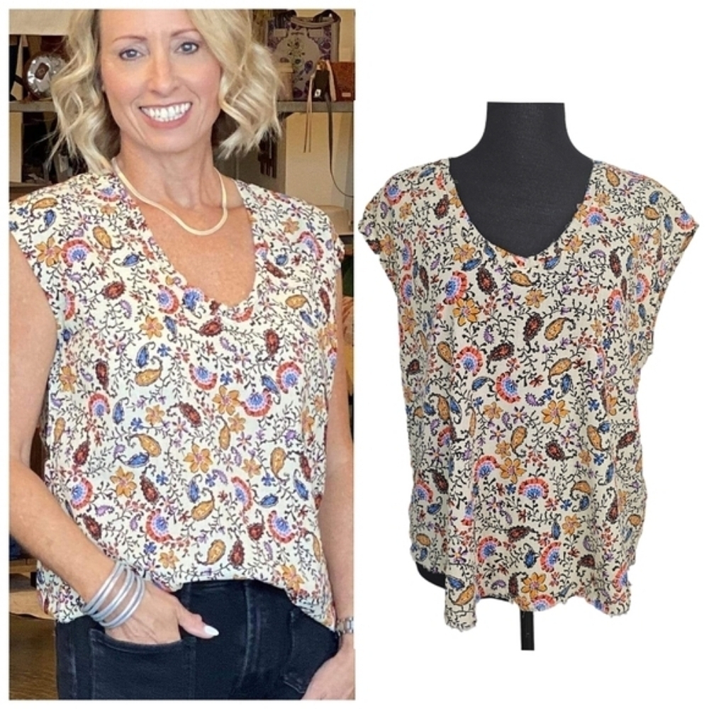 Dear John Yanis Bohemian Feminine Relaxed Paisley Floral Cap Sleeves Cotton Top